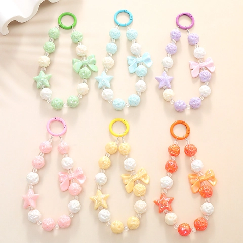 Handmade Beaded Phone Charm Lanyard Keychain With Bowknot And Star Resin Beads For Women Girls Bag Pendant Decorative Gift