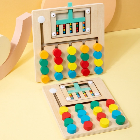 Montessori Wooden Logic Slide Game Color Matching Early Educational Puzzle Toy For Toddler Brain Teaser Magnetic Bead Maze