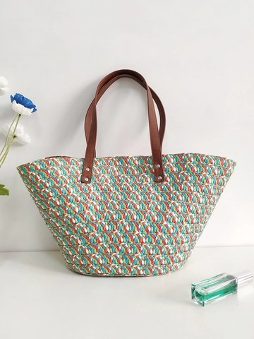Colorful Hand-Woven Paper Straw Tote Bag Large Capacity Beach Vacation Shoulder Handbag With Faux Leather Handles