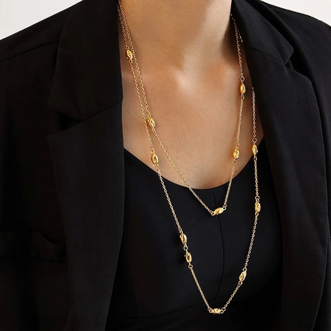 Double Layer Titanium Steel Long Necklace For Women Gold Silver Plated Organic Bean Bead Sweater Chain Fashion Jewelry