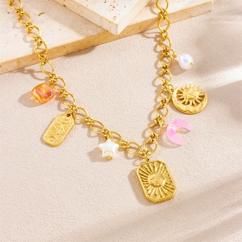 Collana In Acciaio Inossidabile Placcato Oro Con Ciondoli Sole Luna Stella Placca Quadrata Boho Perla Artificial Catenina Clavicola