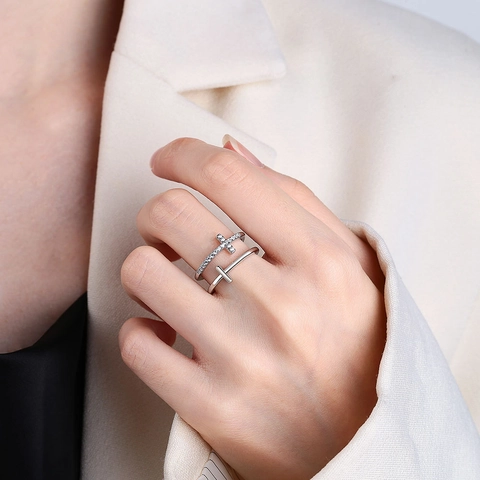 925 Sterling Silver Double Layer Cross Ring For Women Cubic Zirconia Micro Set Open Adjustable Minimalist Jewelry