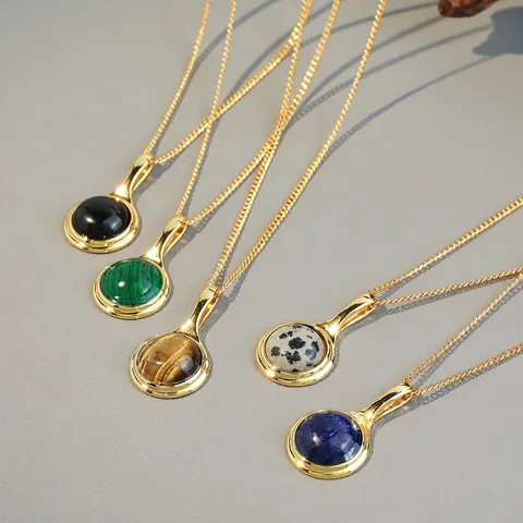 Collier Pendentif en Pierre Naturelle Vintage Français Chaîne en Cuivre Plaqué Or Oeil de Tigre Lapis Malachite Bijoux Femme