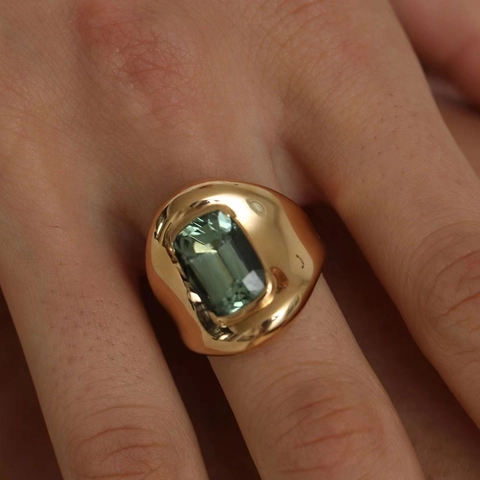 Vintage Chunky Gold Color Copper Ring For Women With Large Rectangle Green Stone Adjustable Retro Geometric Gemstone Jewelry Ring