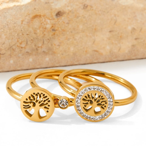 Tree Of Life Rings Stainless Steel Hollow Inlaid Rhinestone Elegant Fashion Daily Jewelry Accessories For Women