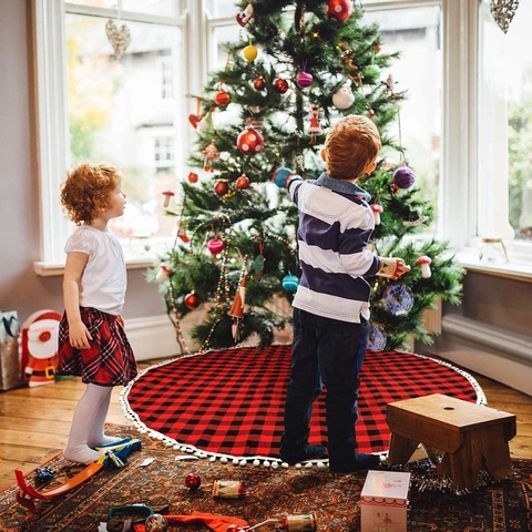 Jupe De Sapin De Noël À Carreaux Buffalo Ronde Tapis De Base Avec Bordure À Pompons Décoration De Fête