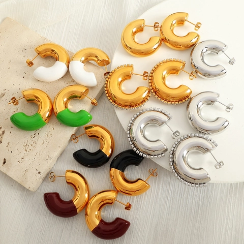 Boucles d'Oreilles Anneau en C en Acier Titane pour Femmes Bijoux en Acier Inoxydable Plaqué Or Argent Strass Émail Rétro