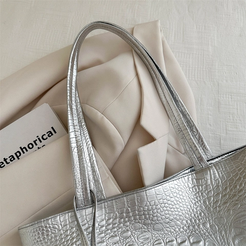 Large Capacity Tote Bag PU Crocodile Embossed Metallic Gloss Shoulder Handbag Daily Commute For Women