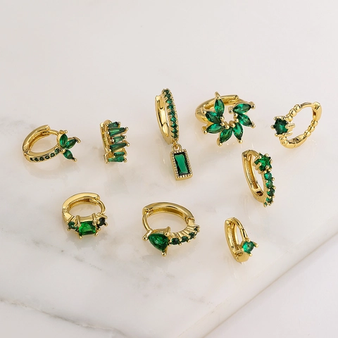 Orecchini A Cerchio Con Zircone Verde Rame Placcato Oro Gioielli Huggie Geometrici Per Donna Moda Elegante