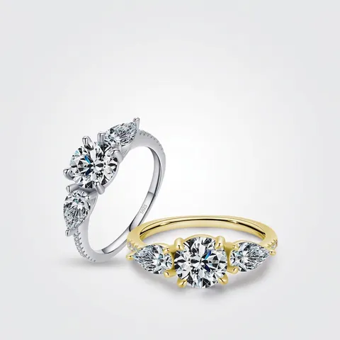 925 Sterling Silber Ring Drei Steine Rund Birne Zirkonia Verlobung Hochzeit Schmuck Für Damen