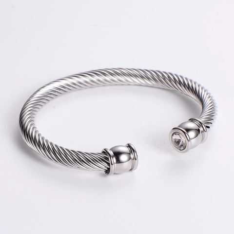 Stainless Steel Twisted Cable Wire Open Cuff Bracelet With Inlaid Cubic Zirconia Round Stone End Simple Fashion Jewelry