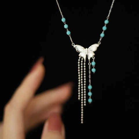 Collier Pendentif Papillon Acier Inoxydable Perles De Verre Bleu Long Gland Style Chinois Vintage Bijoux Pour Femmes