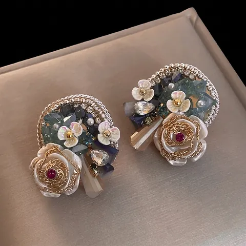 Vintage Flower Stud Earrings With 925 Sterling Silver Earring Post Alloy Crystal Artificial Pearl Retro Palace Style Jewelry For Women