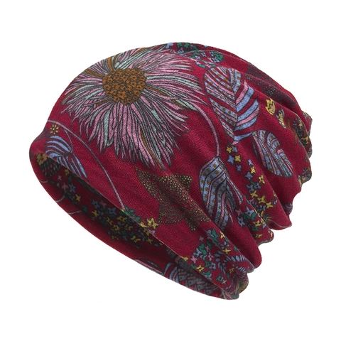 Bohemian Floral Print Beanie Hat For Women Multi-functional Scarf Headwrap Warm Polyester Stacking Hat For Outdoor Cycling