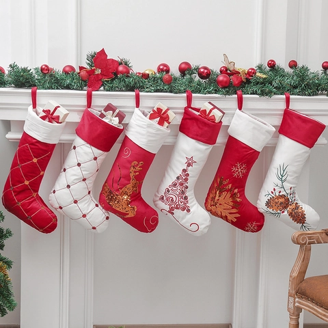 Calze Di Natale Velluto Paillettes Ricamato Renna Fiocco Di Neve Albero Di Natale Ornamenti Appesi Sacchetti Regalo Camino