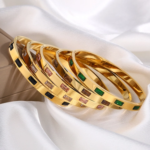 Stainless Steel Bangle Bracelet For Women With Rectangle Cubic Zirconia High Polish Gold Plated Elegant Luxury Jewelry