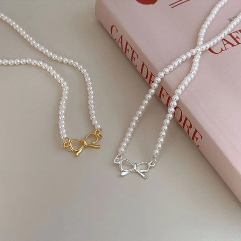 Minimalistische Künstliche Perlenhalskette Mit Schleifenanhänger Und Komponenten Aus 925er Sterlingsilber Eleganter Französischer Stil