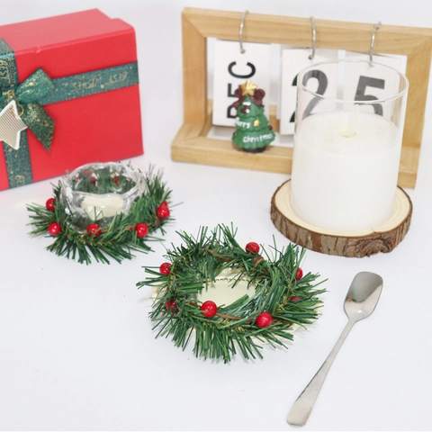 Kerst Kaars Ring Mini Krans Kunstmatige Dennennaald Rode Bes Feestelijke Tafeldecoratie Vakantie Accessoire