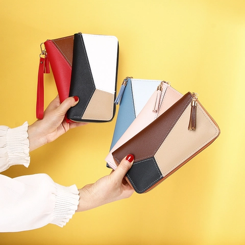 Portefeuille Long Femme Cuir PU Color Block Pochette À Fermeture Éclair Avec Pompon Dragonne Poche Téléphone Grande Capacité