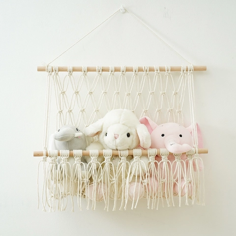 Appeso A Parete In Macramé Corda Di Cotone Intrecciata A Mano Asta Di Legno Decorazione Boho Rete Per Giocattoli Nappine