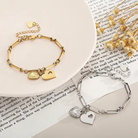 Bracelet Pendentif Coeur En Acier Inoxydable Pour Femmes Mode Chaîne Trombone Double Coeur Bijoux Réglables