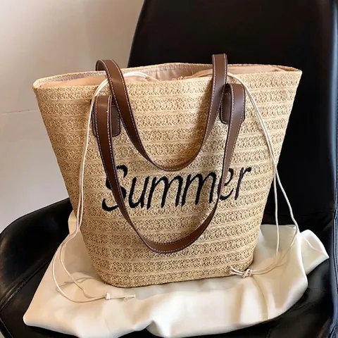 Women Summer Straw Woven Tote Bag Large Capacity Beach Shoulder Handbag With PU Leather Handles And Letter Embroidery
