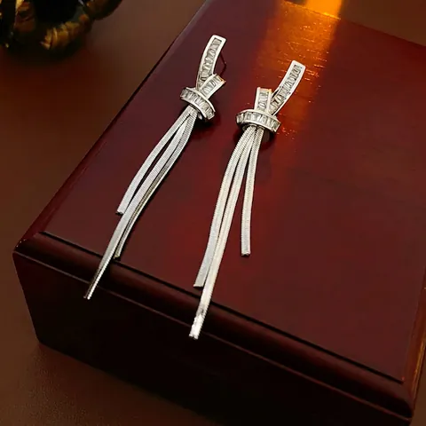 Pendientes De Borla Con Nudo Poste De Plata De Ley 925 Cobre Zircón Baguette Joyería Elegante Con Flecos Largos Para Mujer