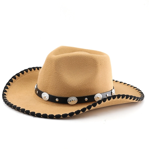 Westerse Cowboyhoed Vintage Etnisch Brede Rand Vilt Zonbescherming Met Decoratieve Band En Metalen Klinknagels Voor Unisex