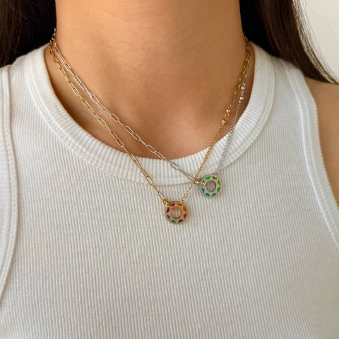 Stainless Steel Necklace Colorful Enamel Round Donut Pendant Asymmetric Paperclip Chain Sweet Jewelry For Women