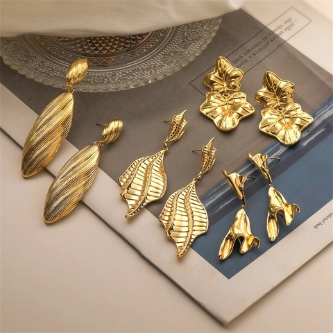 Orecchini a Goccia in Rame Placcato Oro 18K Vintage per Donna Gioielli di Moda in Metallo Testurizzato Geometrico Irregolare