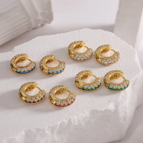 Luxury Copper Round Hoop Earrings With Colorful Zirconia Inlaid Gold Silver Plated Huggie Earrings For Women Daily Party Jewelry