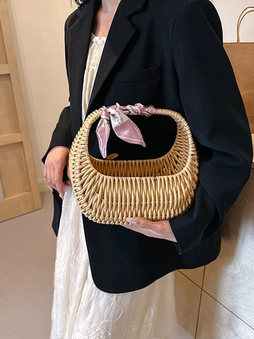 Borsa A Cesto In Paglia Intrecciata Rattan Borsa A Mano Con Decorazione Sciarpa Di Raso Vintage Estate Spiaggia Per Donna