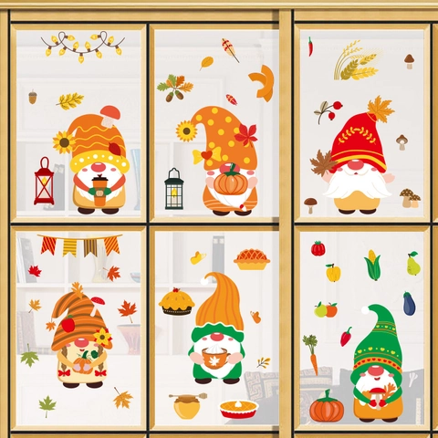 Adhesivos de Ventana de Otoño Gnomos de Acción de Gracias Calabazas Hojas de Arce Guirnalda Thank You Calcomanías de PVC Estático