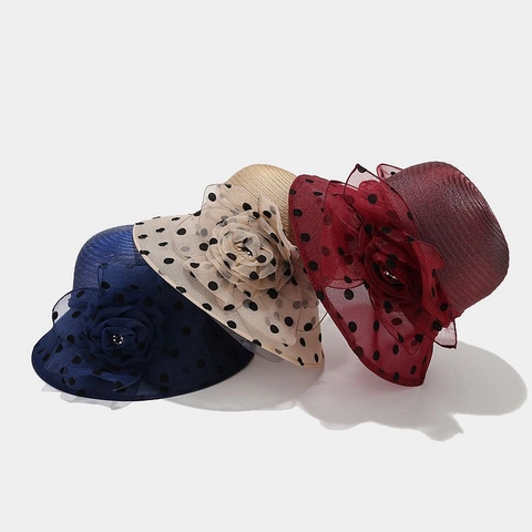 Cappello Da Sole Elegante Donna Organza Rete A Pois Decorazione Floreale Traspirante Protezione UV Retro