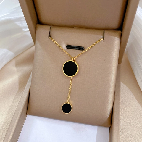 Collar Con Colgante Redondo Apilado De Acero De Titanio Para Mujer Nácar Concha Negra Cadena De Clavícula Geométrica Minimalista Joyería
