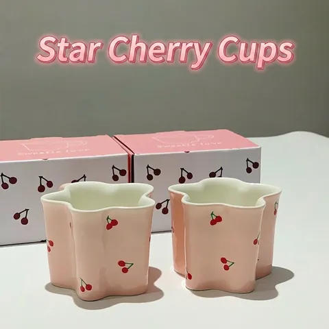 Tazza Di Ceramica Forma Stella Apertura Irregolare Carino Rosa Ciliegia Blu Banana Motivo Caffè Latte Tazza Resistente Calore