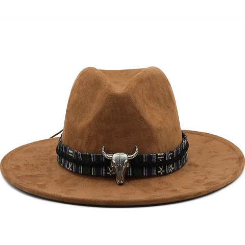 Western Cowboy Hat Suede Fabric Bull Head Decor Ethnic Band Wide Flat Brim Fedora For Men Women Retro Style Sun Protection