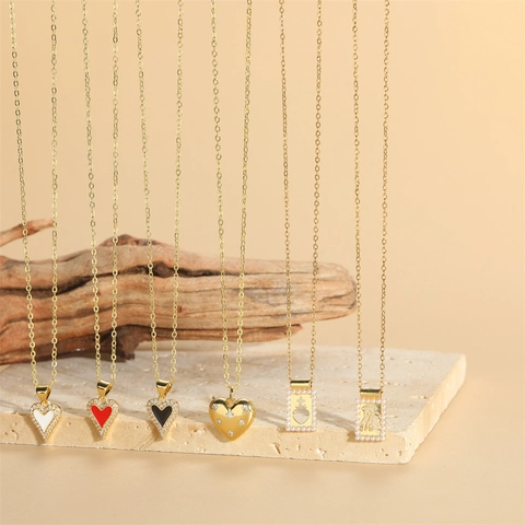 Collana con Pendente a Cuore in Rame Minimalista Vintage Francese per Donna Gioielli in Smalto Zirconia Perla Artificiale Oro