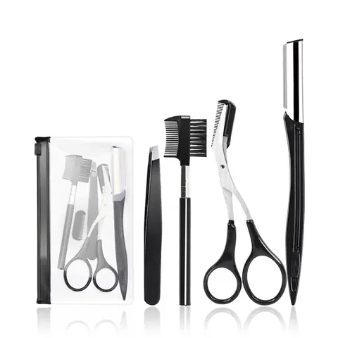 Stainless Steel Eyebrow Trimmer Scissors With Comb Tweezers Brush And Storage Bag Professional Eye Makeup Grooming Tools
