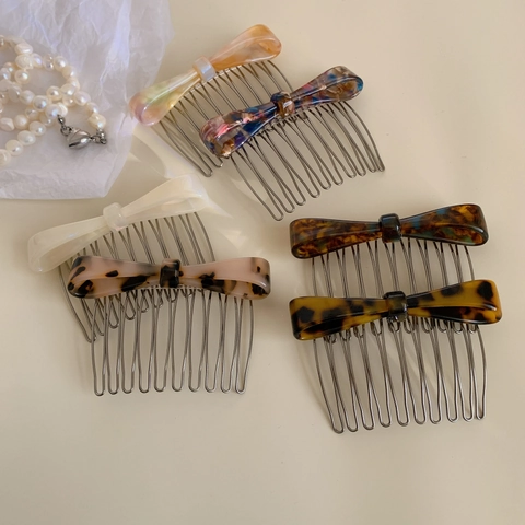 Acetate Bow Hair Comb Korean Style Tortoiseshell Marble Pattern Metal Teeth Insert Comb Fringe Clip For Women Hair Accessory
