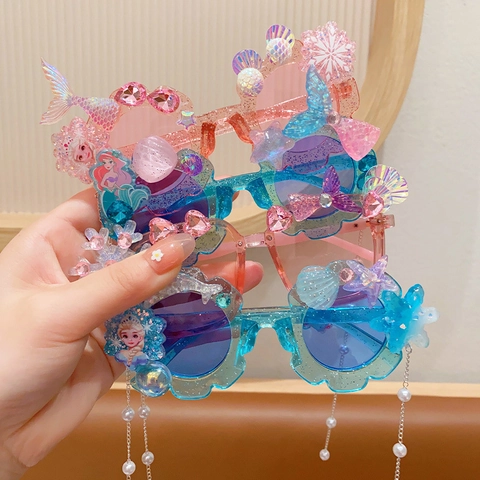 Occhiali Da Sole Bambina Bambini Protezione UV Montatura Cuore Tondo Stile Principessa Sirena Strass Perla Artificial Glitter Decoro