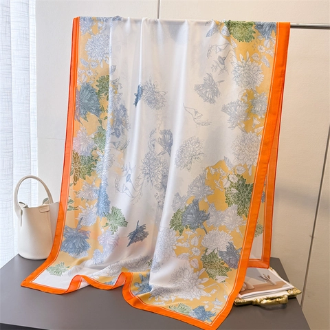 Sciarpa Con Stampa Floreale Di Crisantemo Stile Raso Elegante Scialle Lungo In Finta Raso Leggera Versatile Protezione Solare