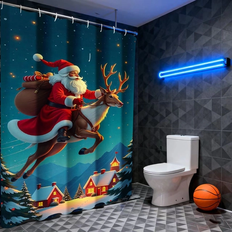 Kerst Douchegordijn Kerstman Rendier Waterdicht Polyester Stof Badkamer Decor Vakantie Met Haken