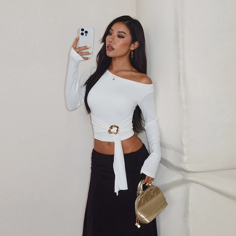 Sexy Polyester Off-Shoulder Long Sleeve T-Shirt With Metal Ring Ruched Slim Fit Asymmetric Crop Top Streetwear For Women