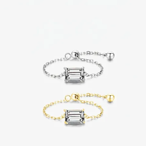 925 Sterling Silver Adjustable Chain Ring With Emerald Cut Rectangular Clear Zirconia Minimalist Jewelry For Women