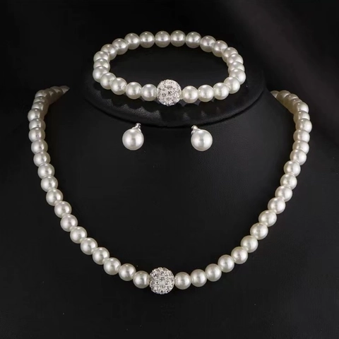 Elegant Imitation Artificial Pearl Necklace Bracelet And Earrings Jewelry Set With Alloy Rhinestone Balls For Women Bride Wedding