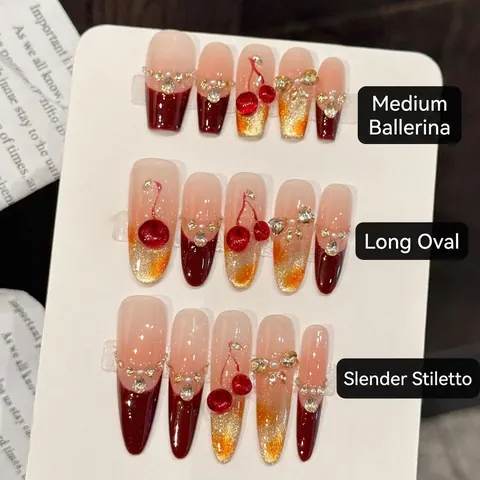 Unghie Finte Fatte A Mano Ciliegia Rossa Strass Perla Artificial Sfumato Occhio Di Gatto Lusso Lunga Forma Mandorla Elegante Per Donne
