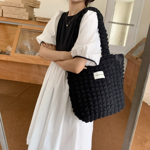 Women Popcorn Texture Bubble Fabric Tote Bag Large Capacity Simple Japanese Style Polyester Shoulder Handbag