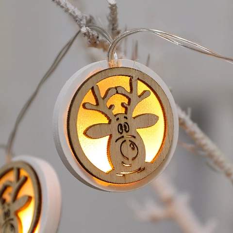 Christmas LED String Lights Wooden Hollow Pendants Warm White Reindeer Snowman House Nordic Xmas Decor Ornaments