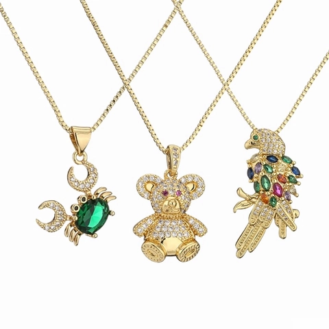 Animal Pendant Clavicle Chain Necklace Copper And Zircon Cute Bear Cat Turtle Parrot Fashion Jewelry For Women
